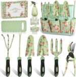 Full view of the WisaKey 10-piece garden tools set, including all items in the kit such as trowels, gloves, and more.