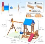 Multifunctional swing set for kids with a 3-in-1 table for picnic, water play, and sand play.