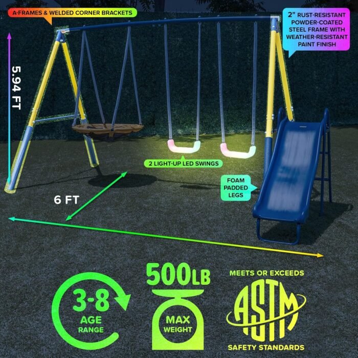 Motion-activated LED swings make this swing set stand out for day and night play in your backyard.