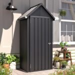 storage shed image emphasizing the durability of the 0.5mm galvanized metal and rust-resistant coating for all-weather protection.